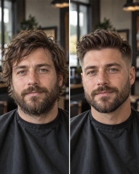 Before and after haircut transformation in a barber portfolio
