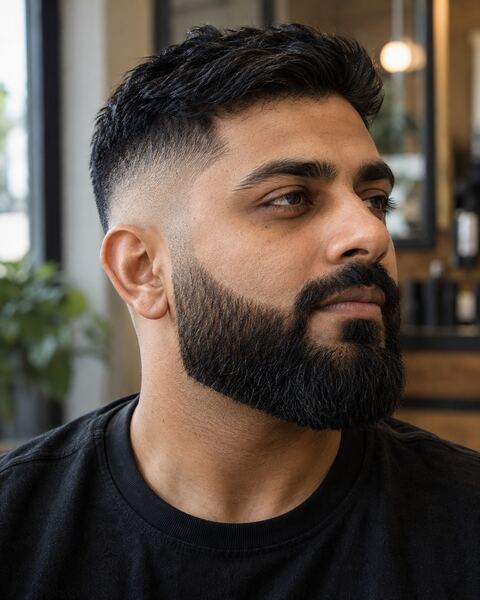 Example barber portfolio photograph of sculpted beard work and a taper