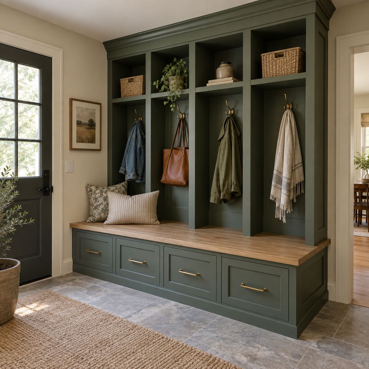 Green fitted mudroom cabinetry with oak bench, cubbies and deep drawers