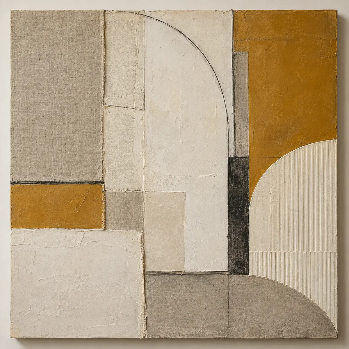 Quiet Geometry, a fictional composition of ochre blocks, linen-colored panels, graphite arcs and ribbed paper