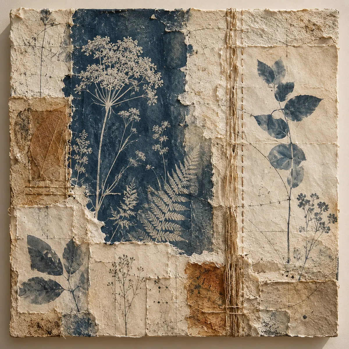 Botanical Index, a fictional collage of blue botanical impressions on torn handmade paper and bound fibers
