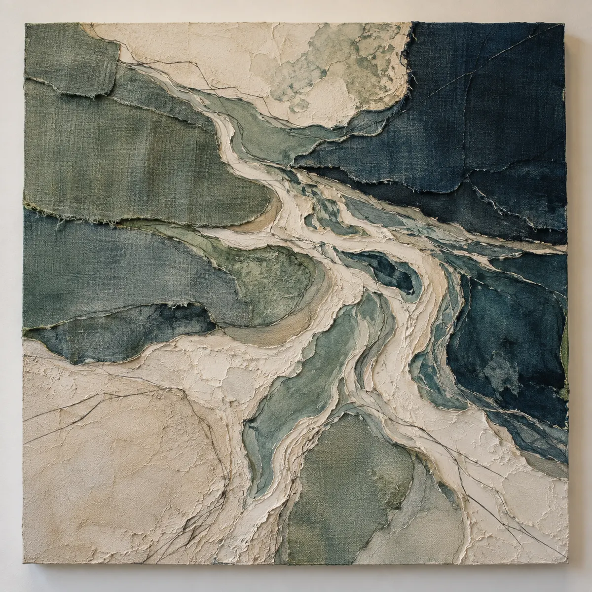 Still Current, a fictional river-inspired work with pale raised channels winding through sea green and deep blue fabric