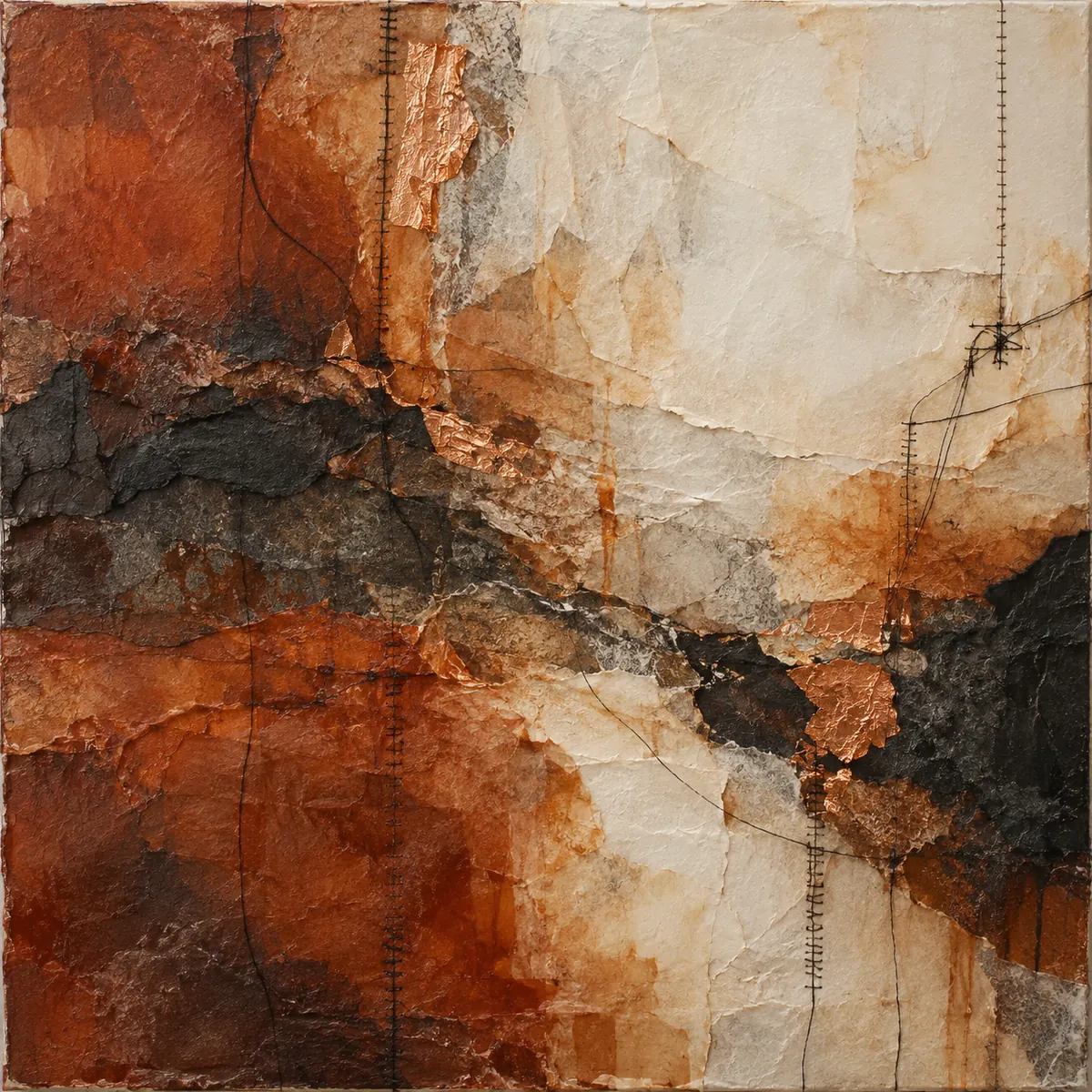 Ember Studies, a fictional burnt sienna and charcoal collage with copper-toned accents and dark stitches