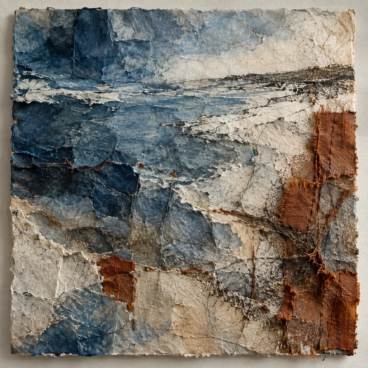 Layered indigo paper, graphite shoreline marks and stitched rust fabric in fictional artwork Tide Archive