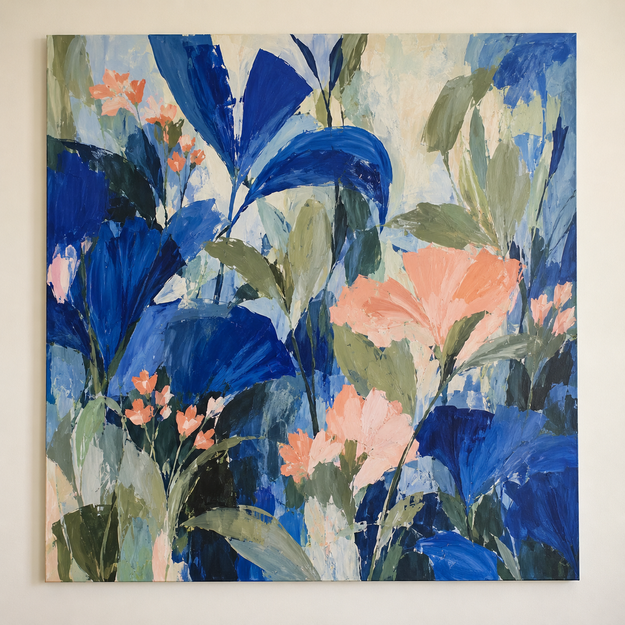 Fictional acrylic painting with cobalt blue and sage botanical forms on canvas