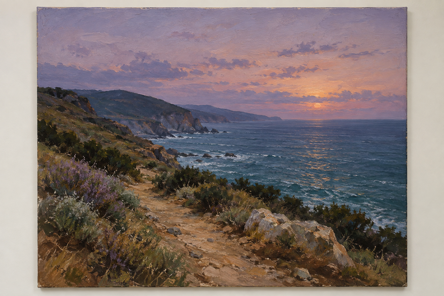 Fictional oil landscape painting of a coastal path and sea at dusk