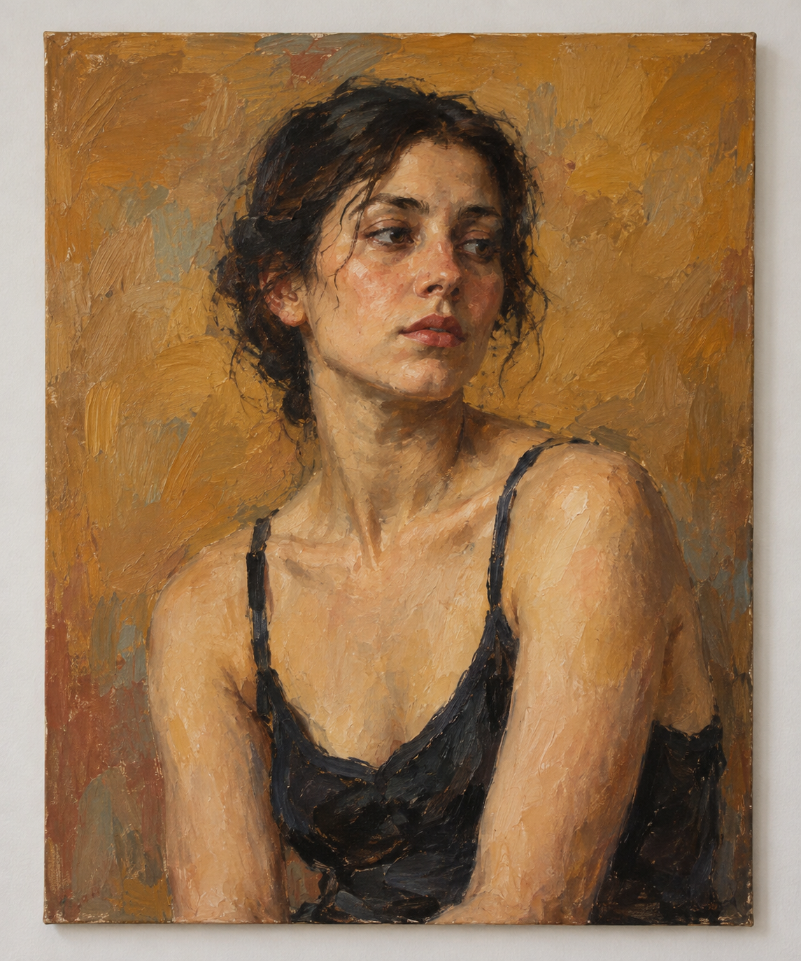 Fictional expressive oil portrait painting against a warm ochre background