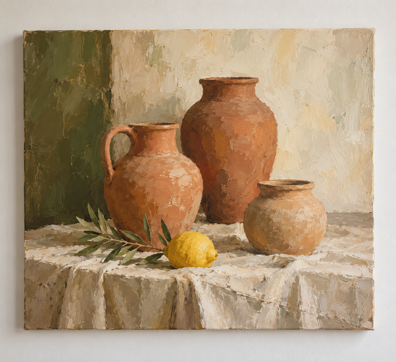 Fictional acrylic still life painting of terracotta vessels and a lemon