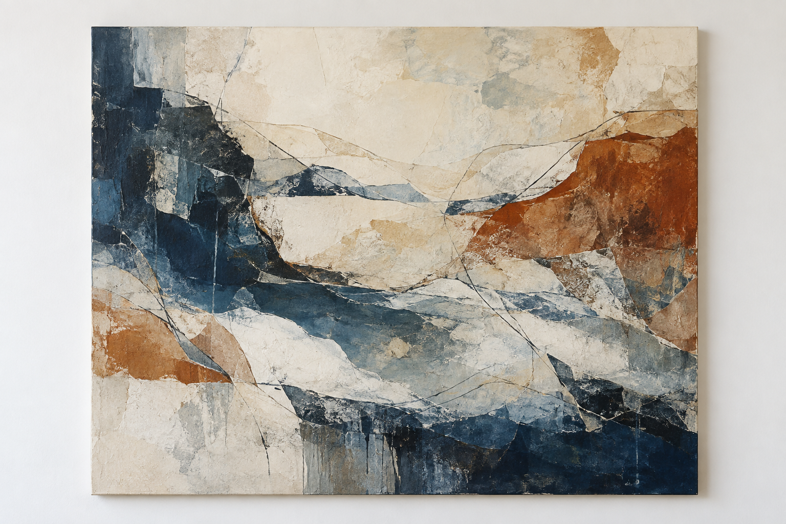 Fictional abstract mixed media painting in indigo, rust and ivory