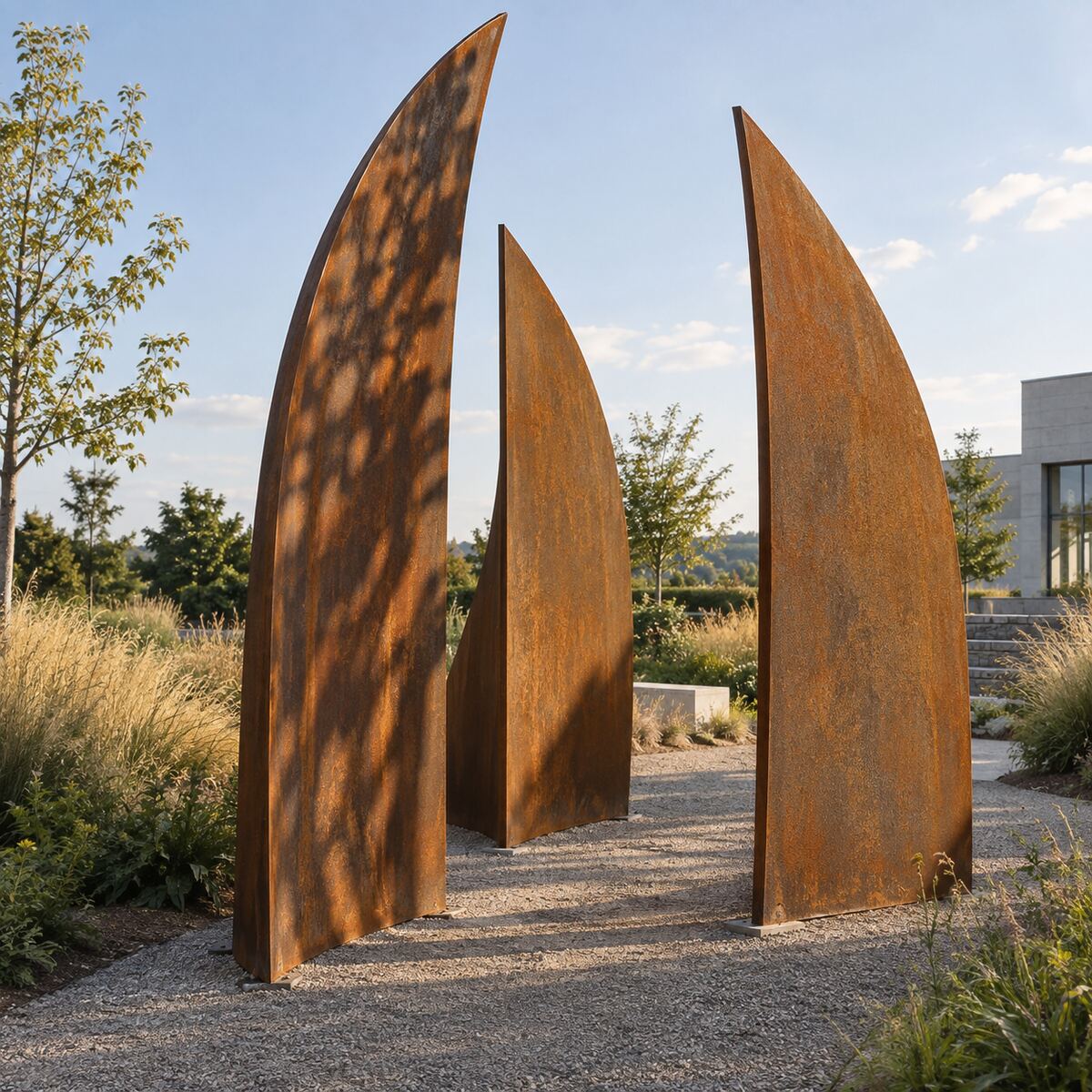 Large weathered steel public sculpture installed in a landscaped garden