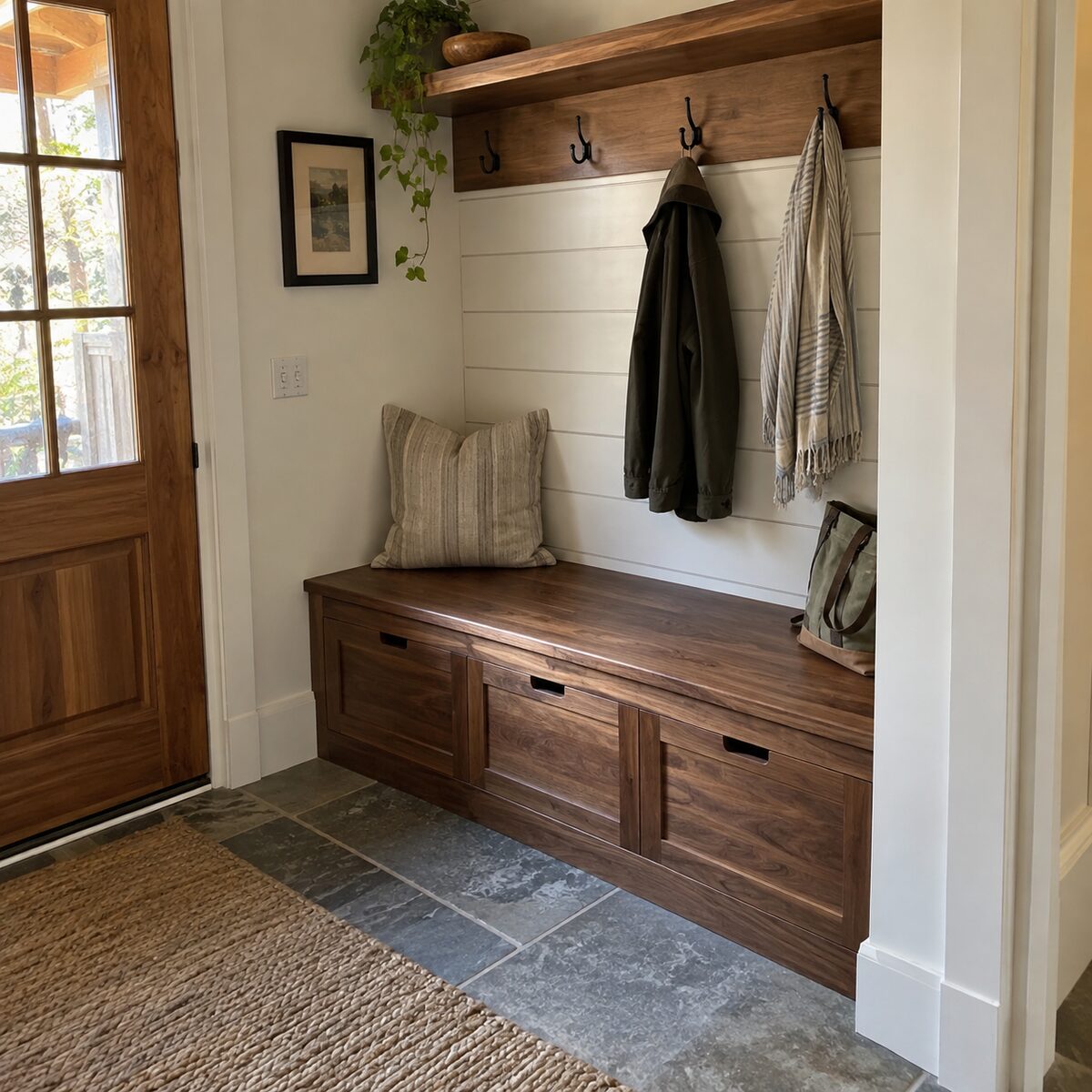 Custom entryway bench woodworking portfolio example